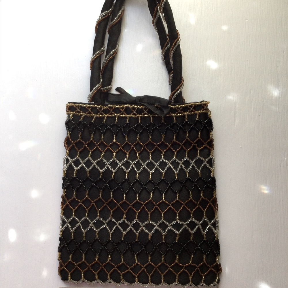 Beaded Black Satin Evening Bag